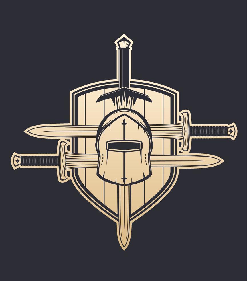 capacete medieval, espadas e escudo, emblema vetorial vetor