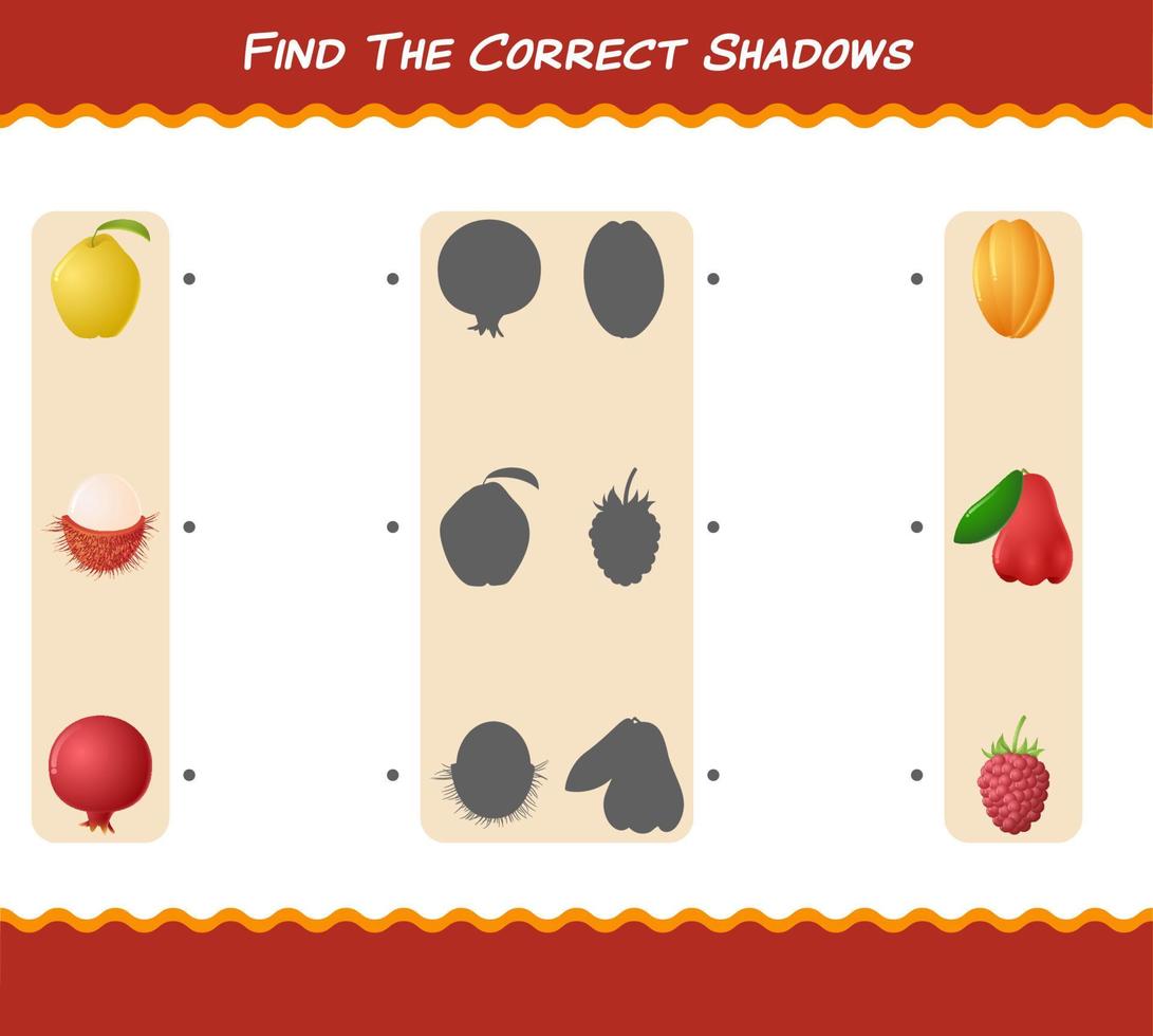 encontre as sombras corretas das frutas dos desenhos animados. jogo de busca e correspondência. jogo educativo para crianças e bebês da pré-escola vetor