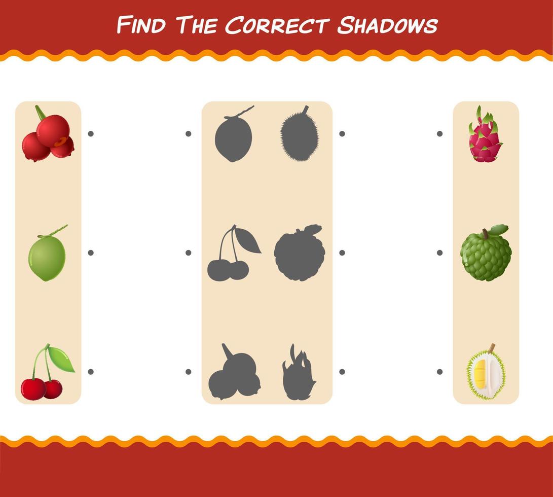 encontre as sombras corretas das frutas dos desenhos animados. jogo de busca e correspondência. jogo educativo para crianças e bebês da pré-escola vetor