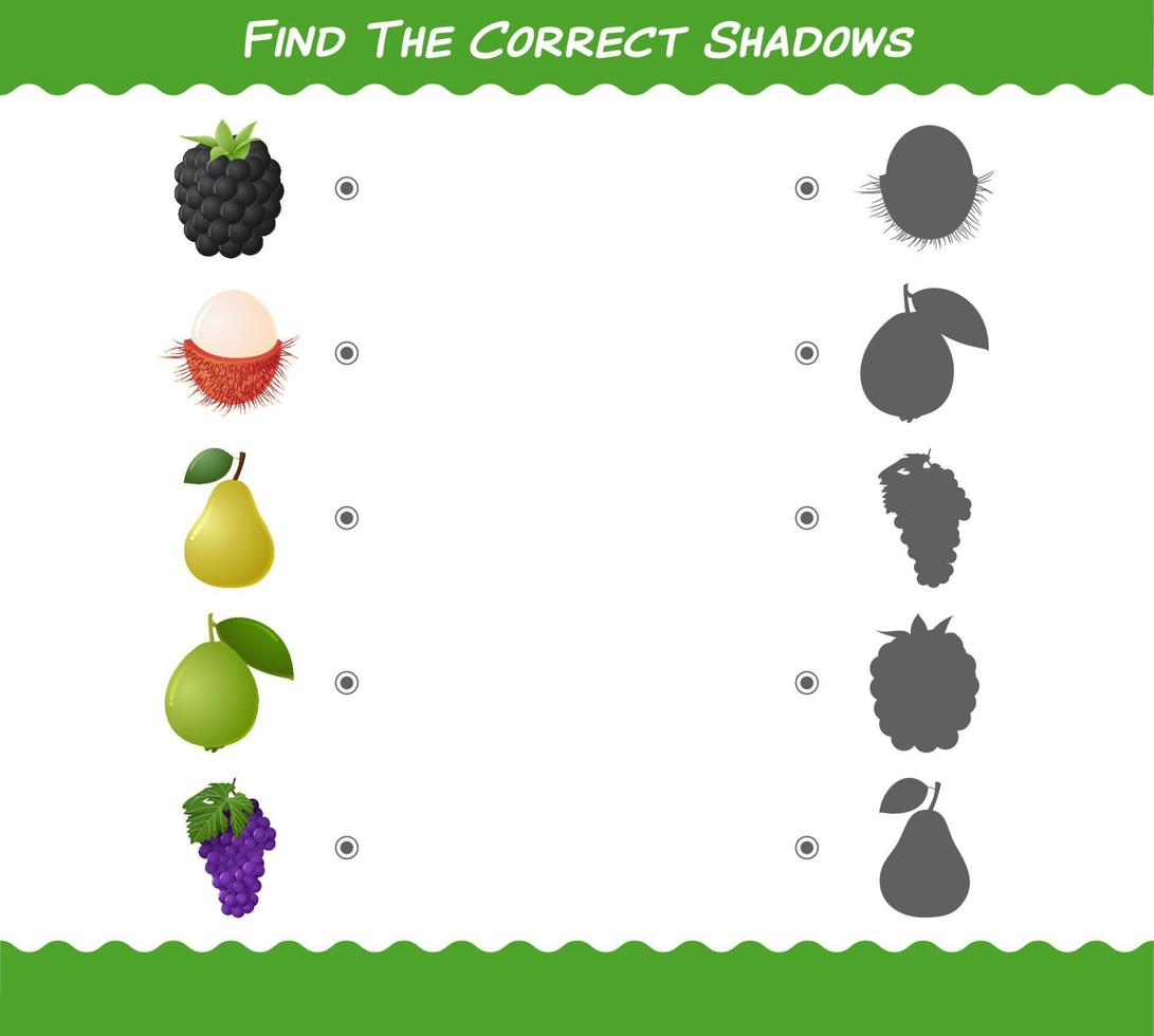 encontre as sombras corretas das frutas dos desenhos animados. jogo de busca e correspondência. jogo educativo para crianças e bebês da pré-escola vetor