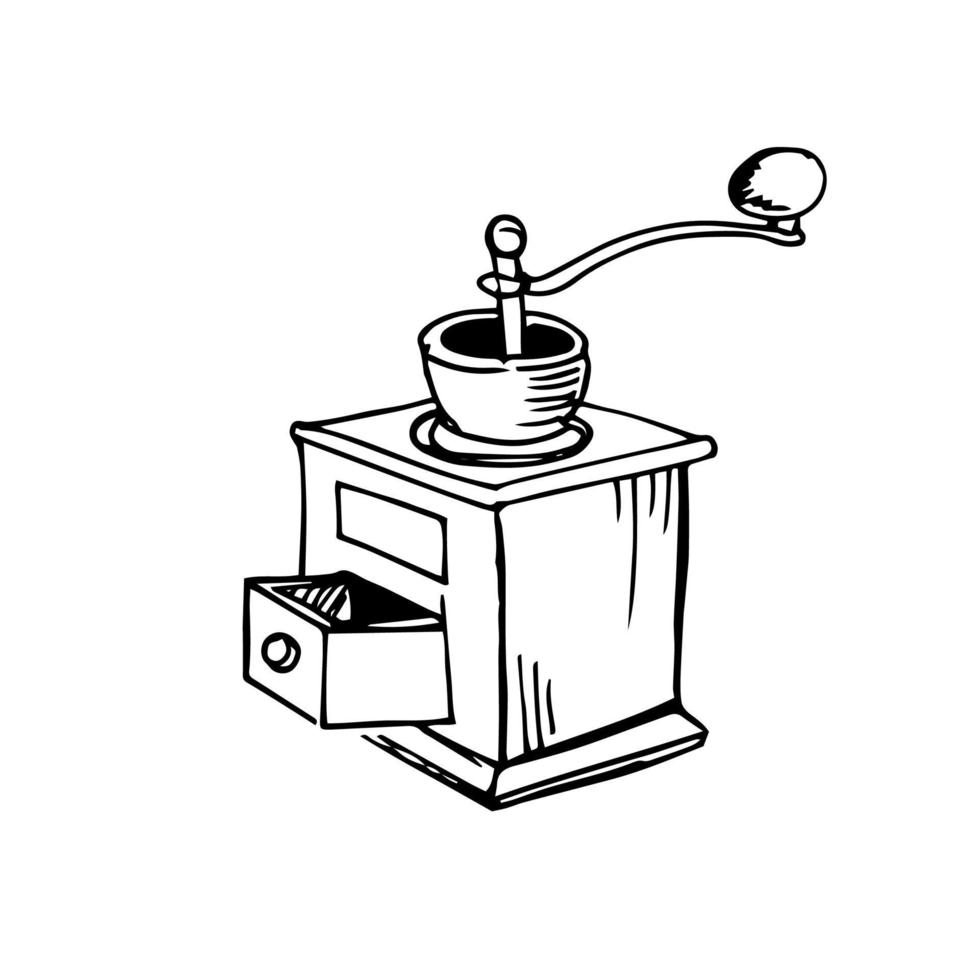 moedor de café manual finas linhas pretas em um fundo branco - vetor