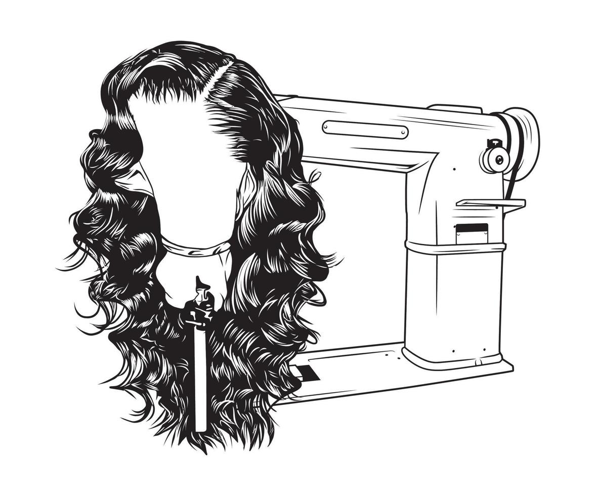 ilustração de desenho de linha vetorial de peruca de cabelo e máquina de costura vetor