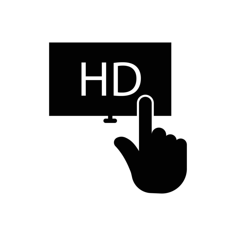 toque no ícone e monitor com texto hd. estilo de ícone de glifo. silhueta. adequado para símbolo de qualidade hd. design simples editável. vetor de modelo de design