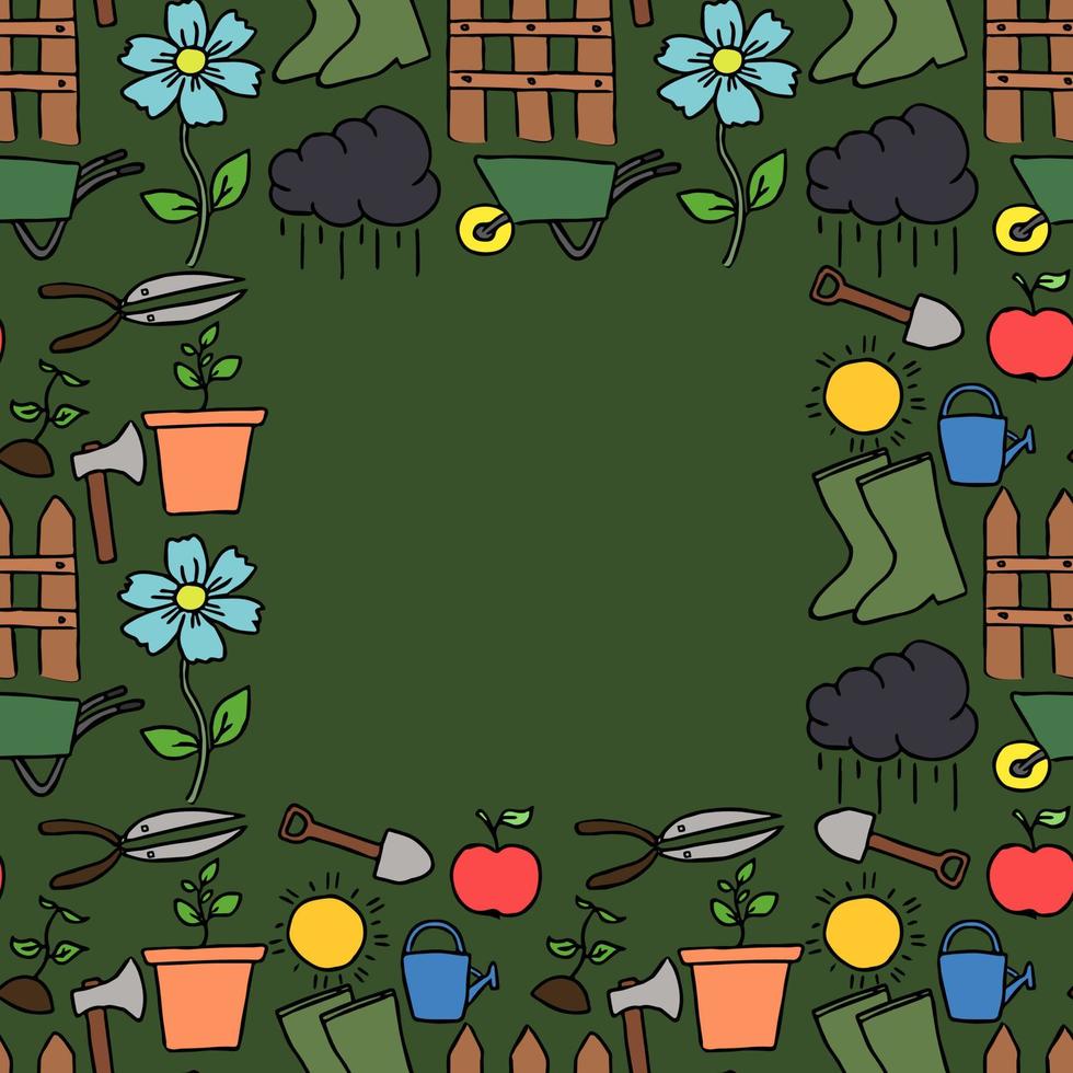 padrão de jardinagem sem costura colorida com lugar para texto. doodle vector com ícones de jardinagem. ícones de jardinagem vintage em fundo verde