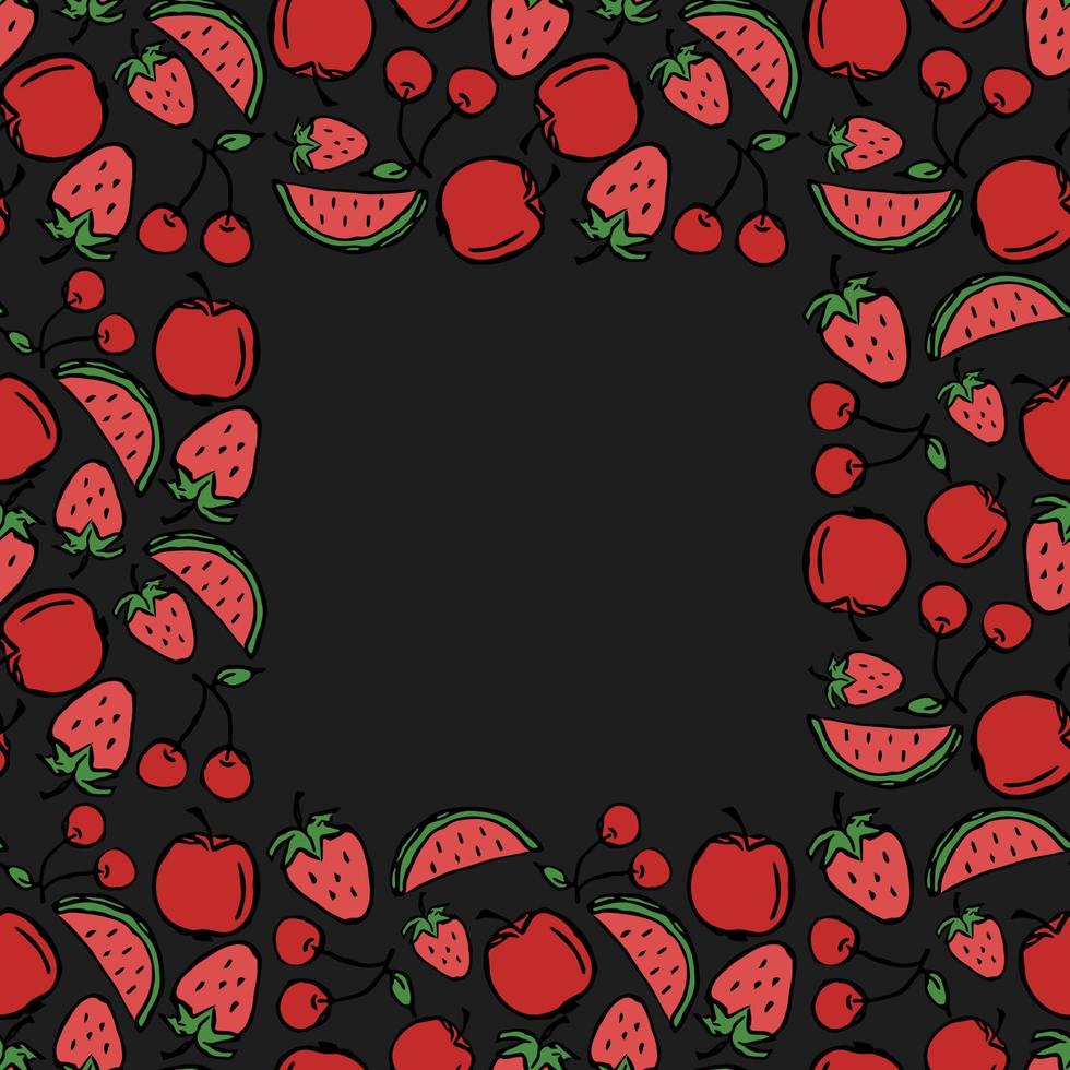 padrão de frutas sem costura com lugar para texto. ilustração de doodle com ícones de frutas em fundo preto. padrão de frutas vintage vetor