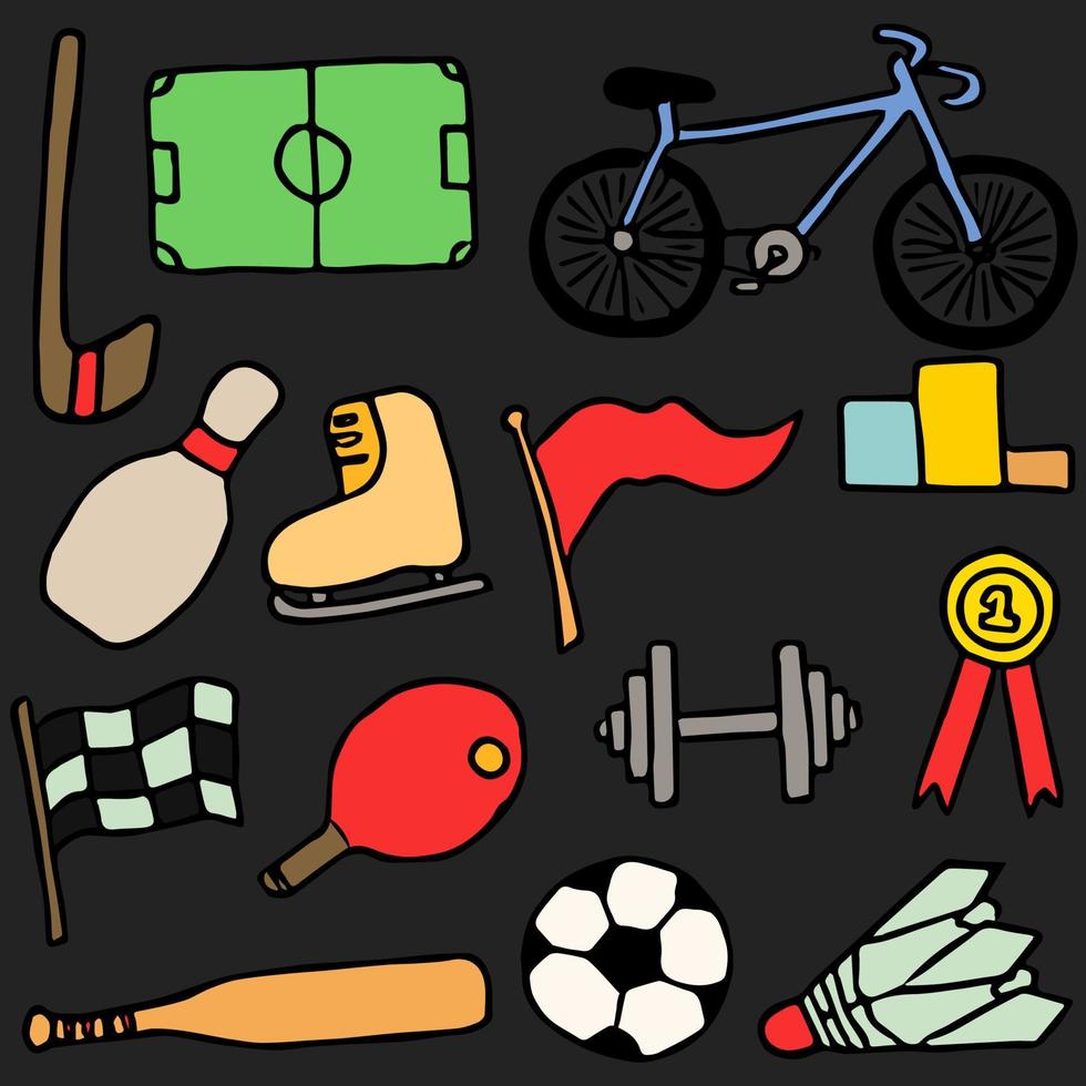 ícones de esportes coloridos. vetor de doodle com ícones do esporte em fundo preto
