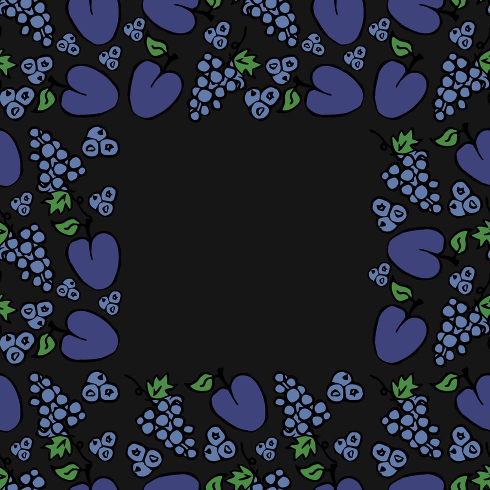 uva e ameixa em fundo preto. ícones de comida de vetor. padrão colorido sem costura com ícones de frutas azuis vetor