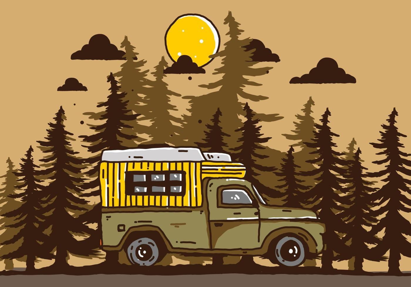 campervan de madeira na ilustração da floresta vetor