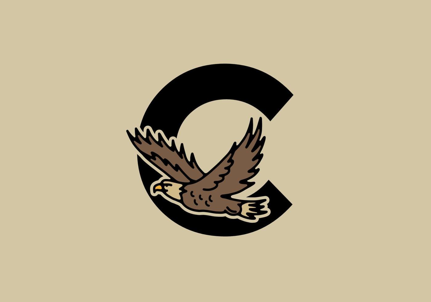ilustração de arte de linha de águia voadora com letra inicial c vetor