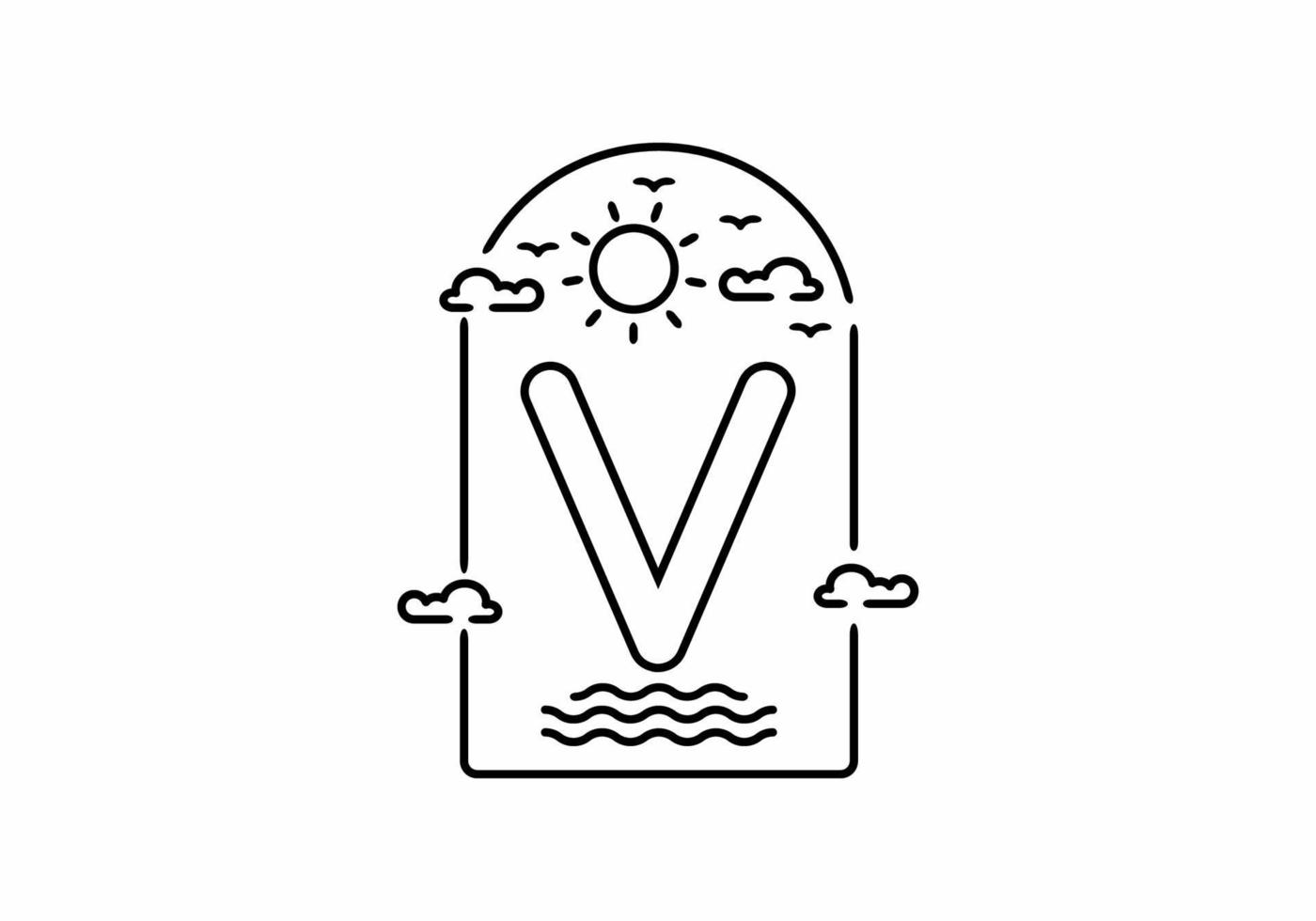 ilustração de arte de linha de praia com nome inicial v vetor