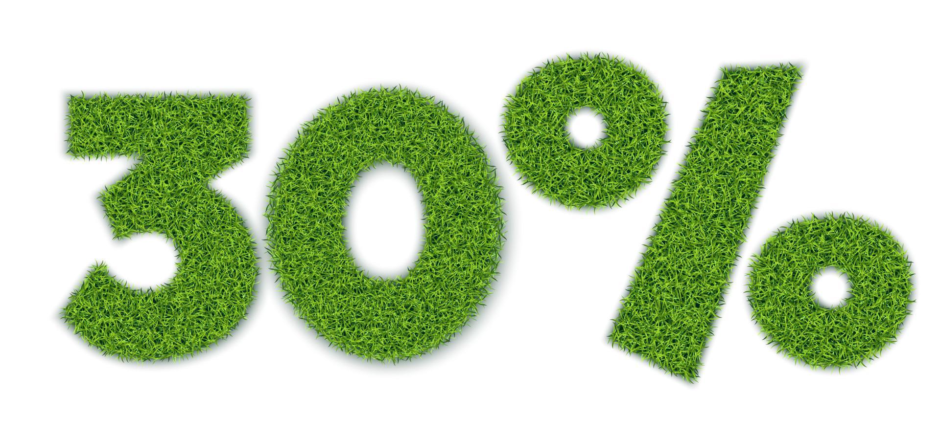 30 por cento de formas com textura de grama de jardim. venda sazonal. banner para publicidade. estilo 3D realista. separado em um fundo branco. vetor. vetor