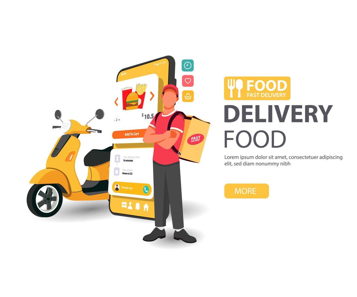 conceito de serviço de entrega de comida, correio em comida para viagem com scooter. ilustração vetorial vetor