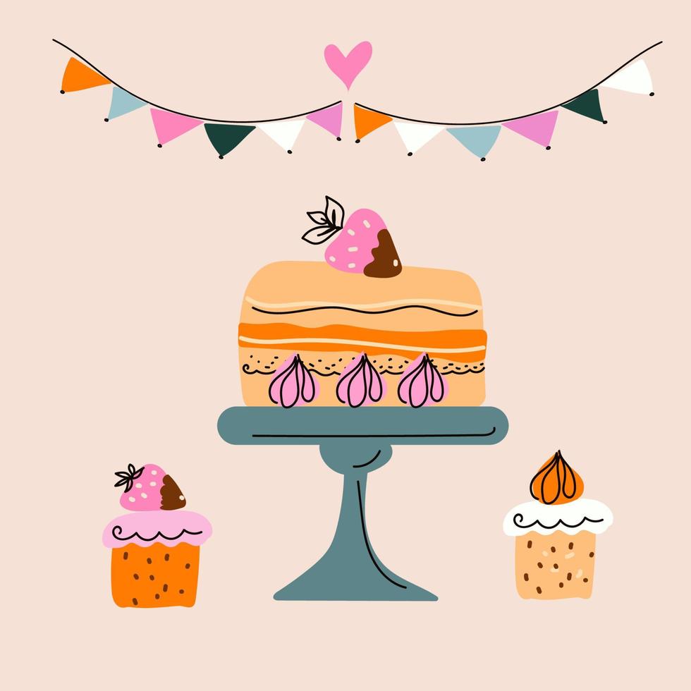 conjunto carrinho de bolo, cartão de feliz aniversário, sobremesas de creme de chocolate, arte vetorial. vetor