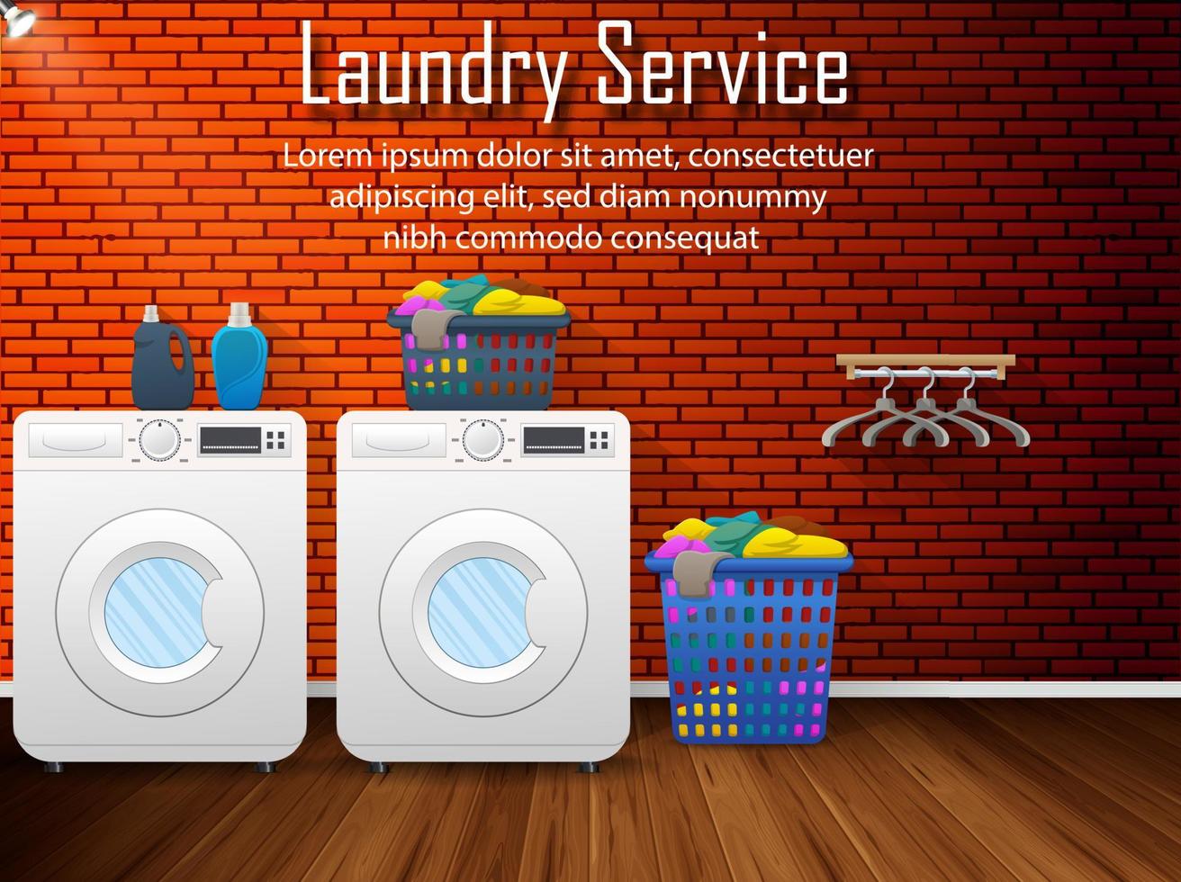 design de serviço de lavanderia com máquinas de lavar e cesta de roupas no fundo da parede de tijolos vetor