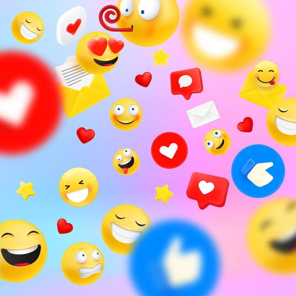 conceito de comunicação de rede social com diferentes emoji e ícones. orientação quadrada vetor