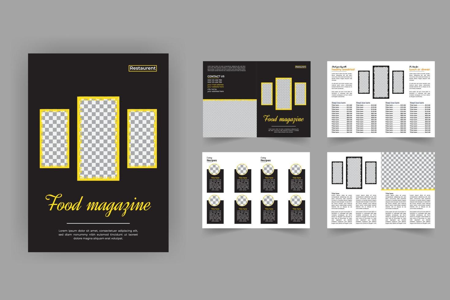 design de cartão de menu de restaurante de revista de comida, receita culinária para fast food, hambúrguer ou coquetel, folheto de negócios ou modelo de folheto corporativo vetor