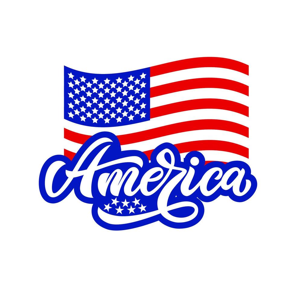 américa com bandeira americana. conceito patriótico para o dia da independência. ilustração vetorial. design de letras de script de mão. modelo para impressão de camiseta, banner web, pôster, logotipo. feriado de 4 de julho vetor