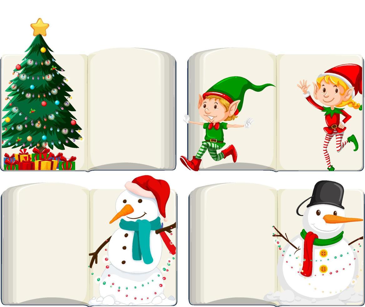 conjunto de diferentes livros em branco abertos com papai noel vetor