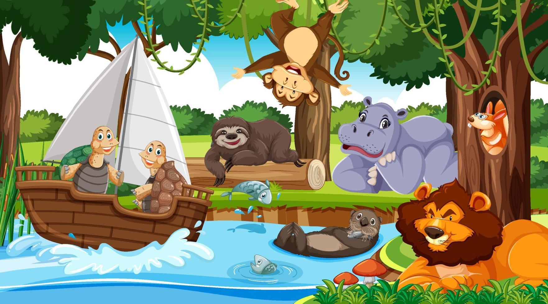 personagens de desenhos animados de animais selvagens na cena da floresta vetor