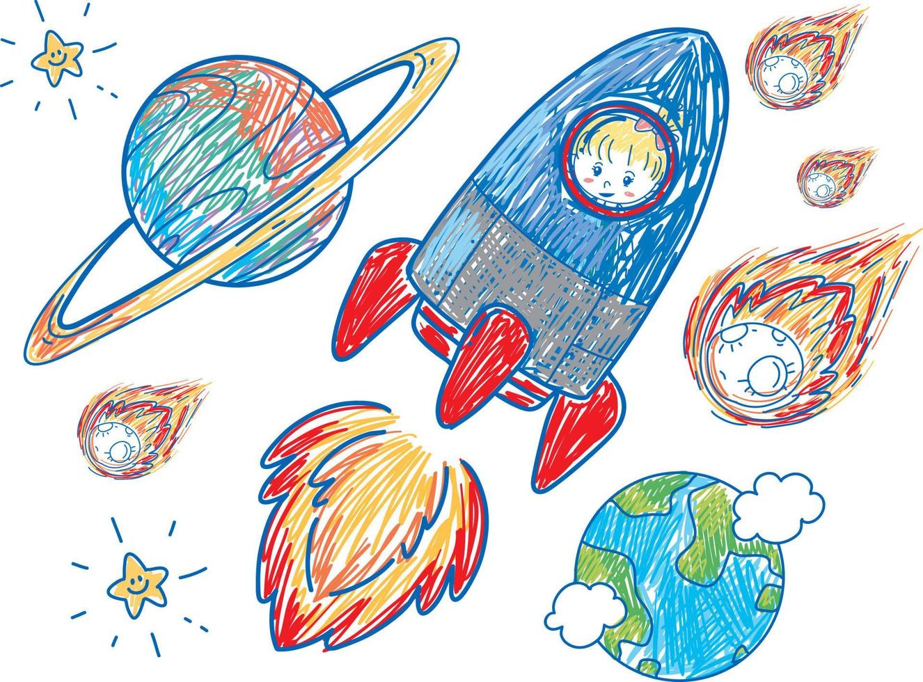 coleção de naves espaciais desenhadas à mão colorida vetor