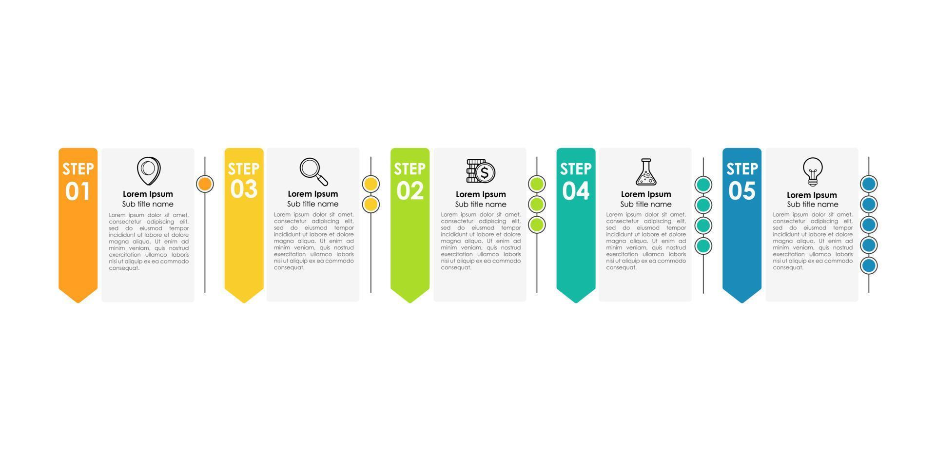 infográficos de gráfico de processo de negócios com 5 etapas, elementos de infográfico de linha do tempo. modelo de slide de apresentação da empresa. design de layout gráfico de informação de vetor moderno.