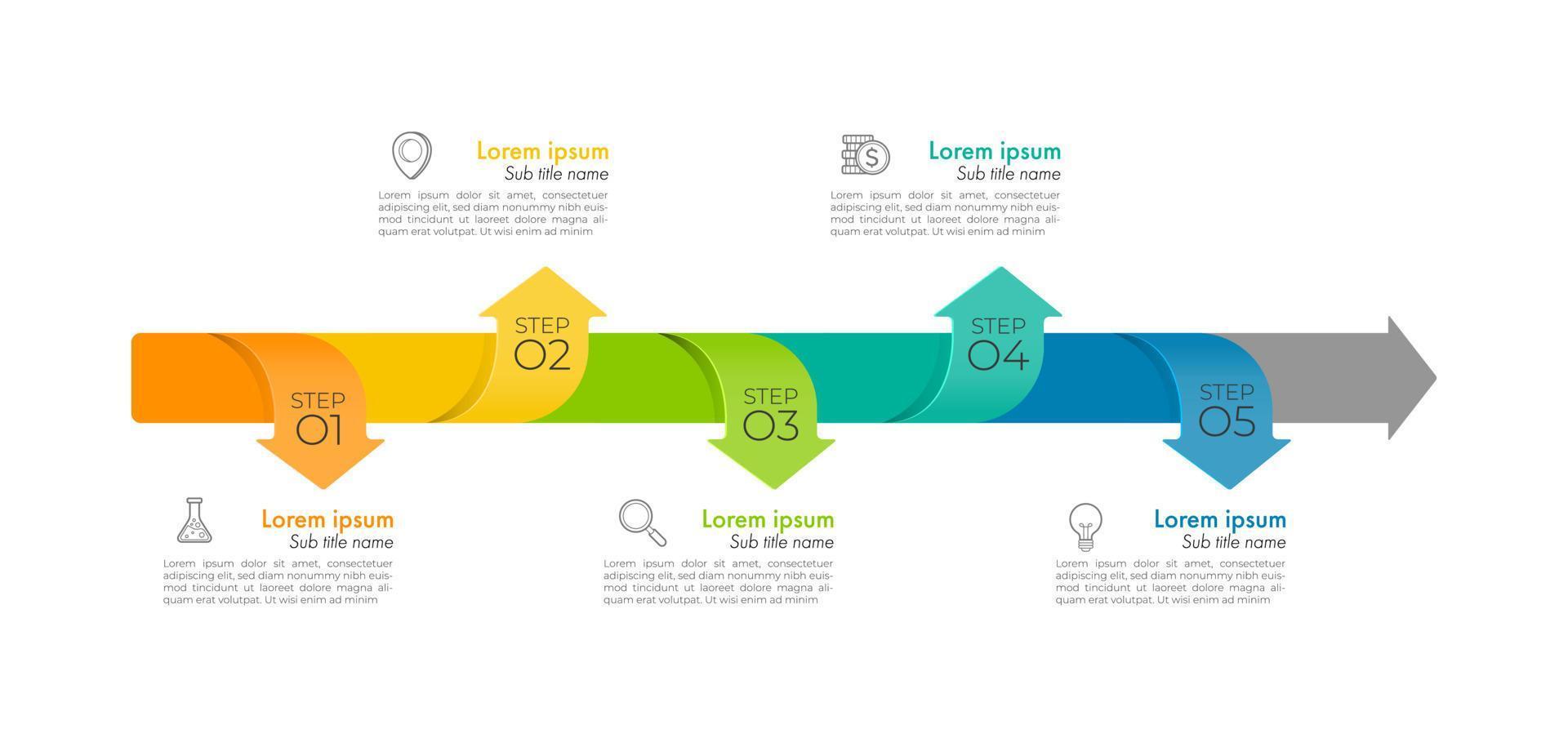 infográficos de gráfico de processo de negócios com 5 etapas, elementos de infográfico de linha do tempo. modelo de slide de apresentação da empresa. design de layout gráfico de informação de vetor moderno.