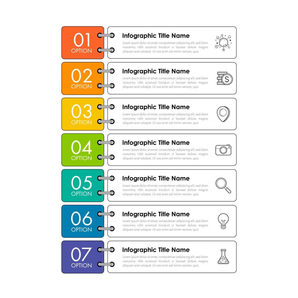 modelo de design infográfico pode ser usado para apresentação, banner, gráfico, fluxo de negócios e diagrama. modelo de cronograma plano moderno com 7 opções, peças, etapa para processo. modelo abstrato. vetor