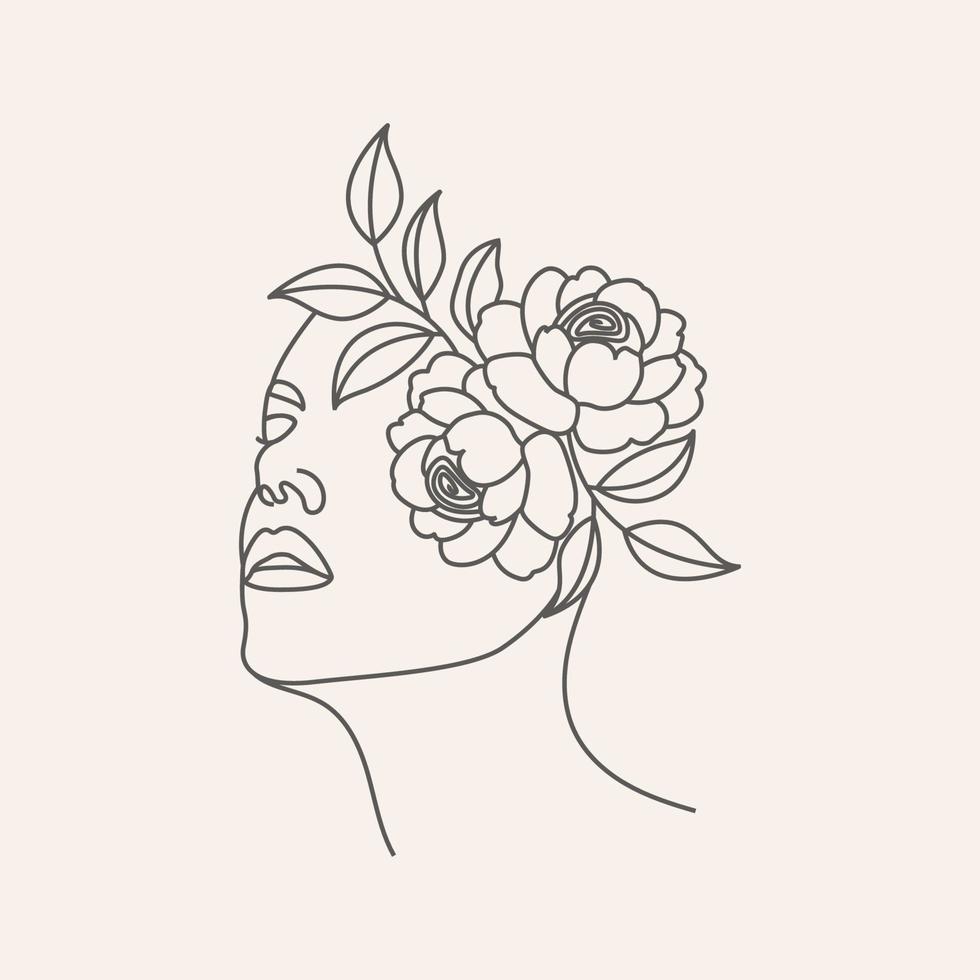 linha de moda desenhando rosto de mulher floral e ilustração de menina abstrata vetor
