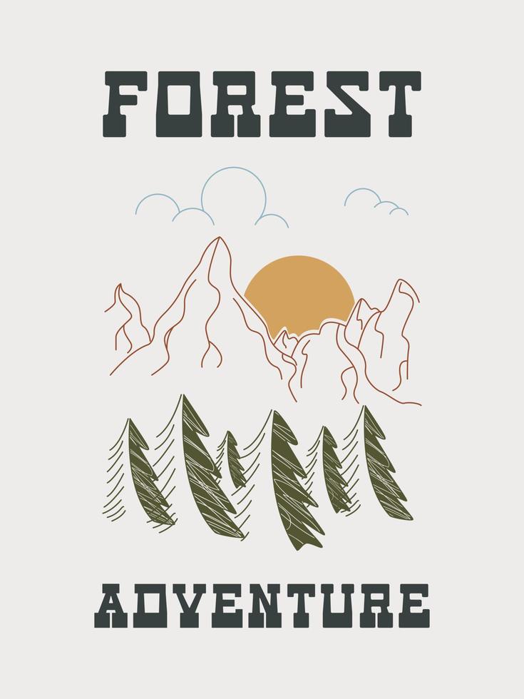 aventura na floresta. cartaz com montanhas e árvores de natal em estilo vintage. mão desenhada ilustração vetorial plana. vetor