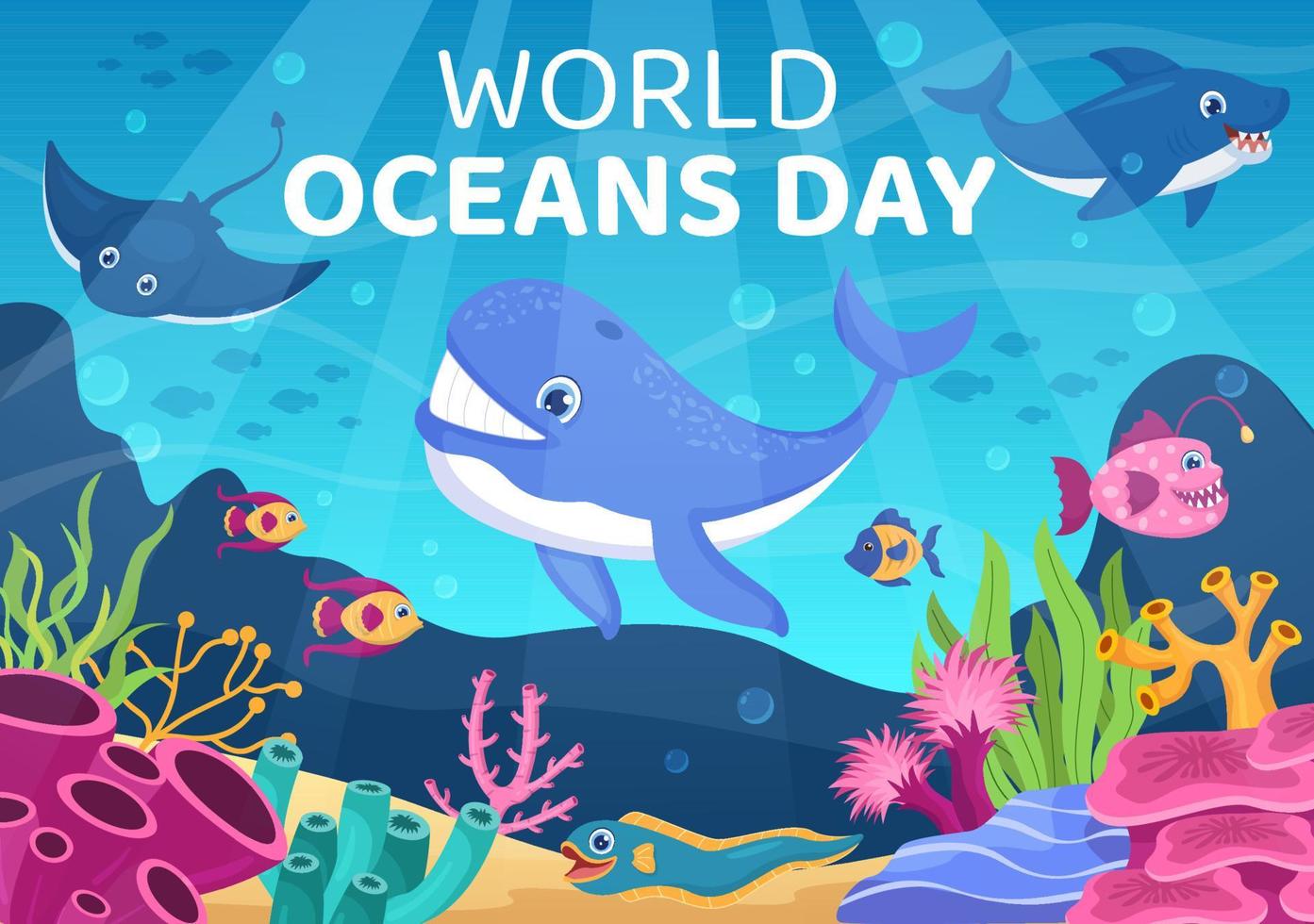 ilustração dos desenhos animados do dia mundial do oceano com cenário subaquático, vários peixes, corais e plantas marinhas dedicados a ajudar a proteger ou preservar vetor