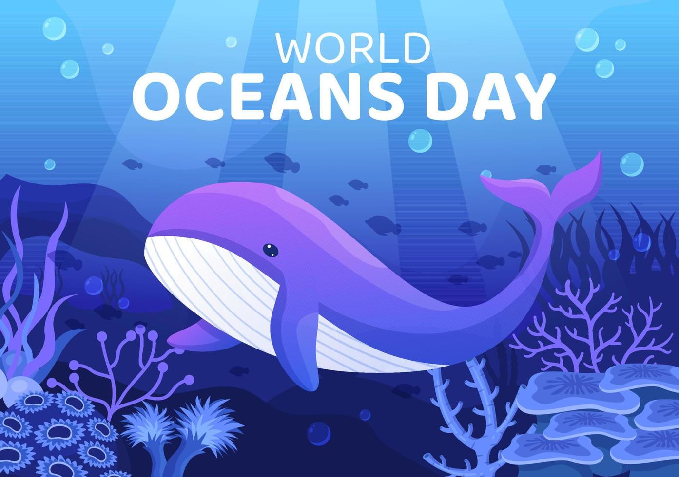 ilustração dos desenhos animados do dia mundial do oceano com cenário subaquático, vários peixes, corais e plantas marinhas dedicados a ajudar a proteger ou preservar vetor