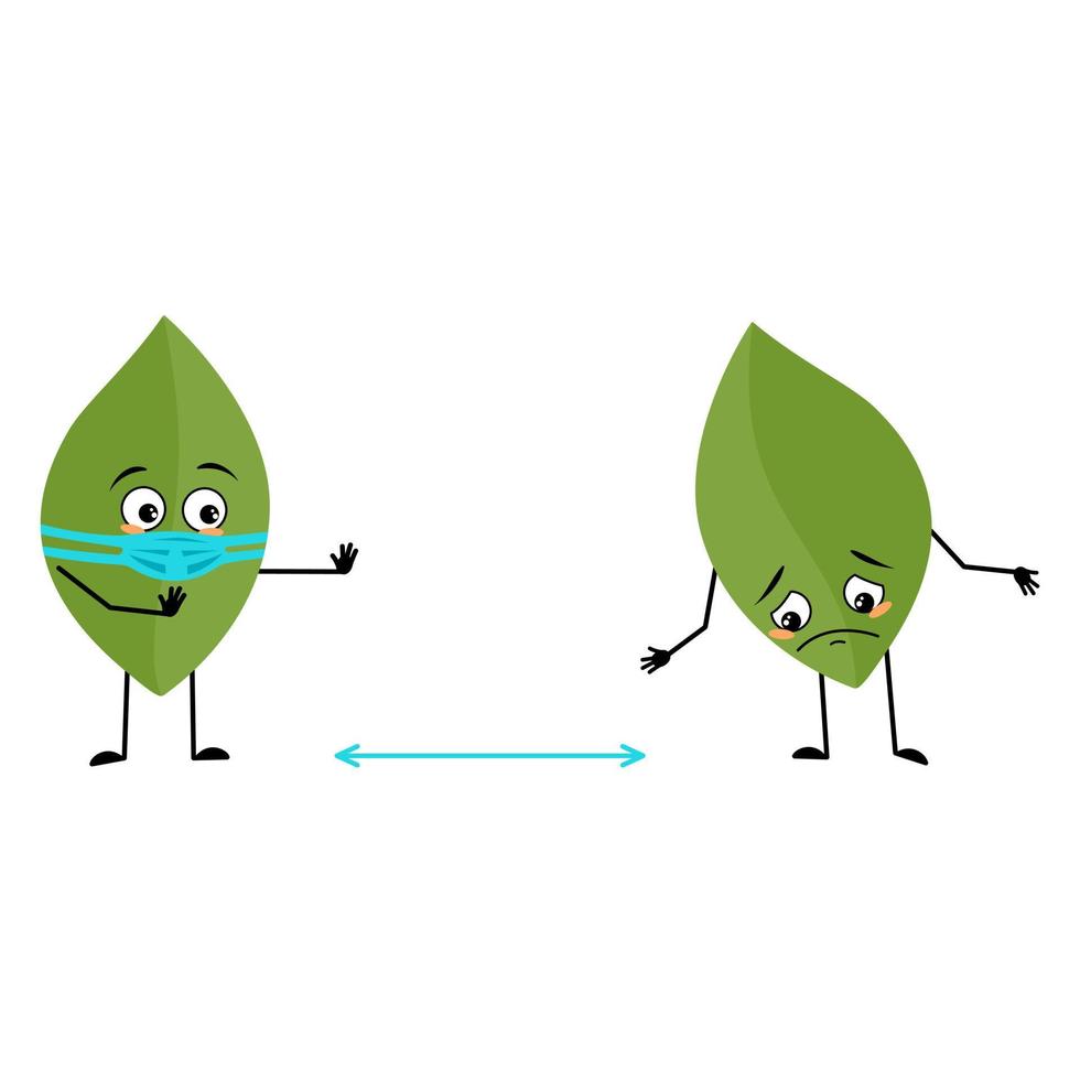 personagem de folha com rosto em máscara médica mantenha distância, braços e pernas. pessoa com expressão de cuidado, emoticon de planta verde. ilustração vetorial plana vetor