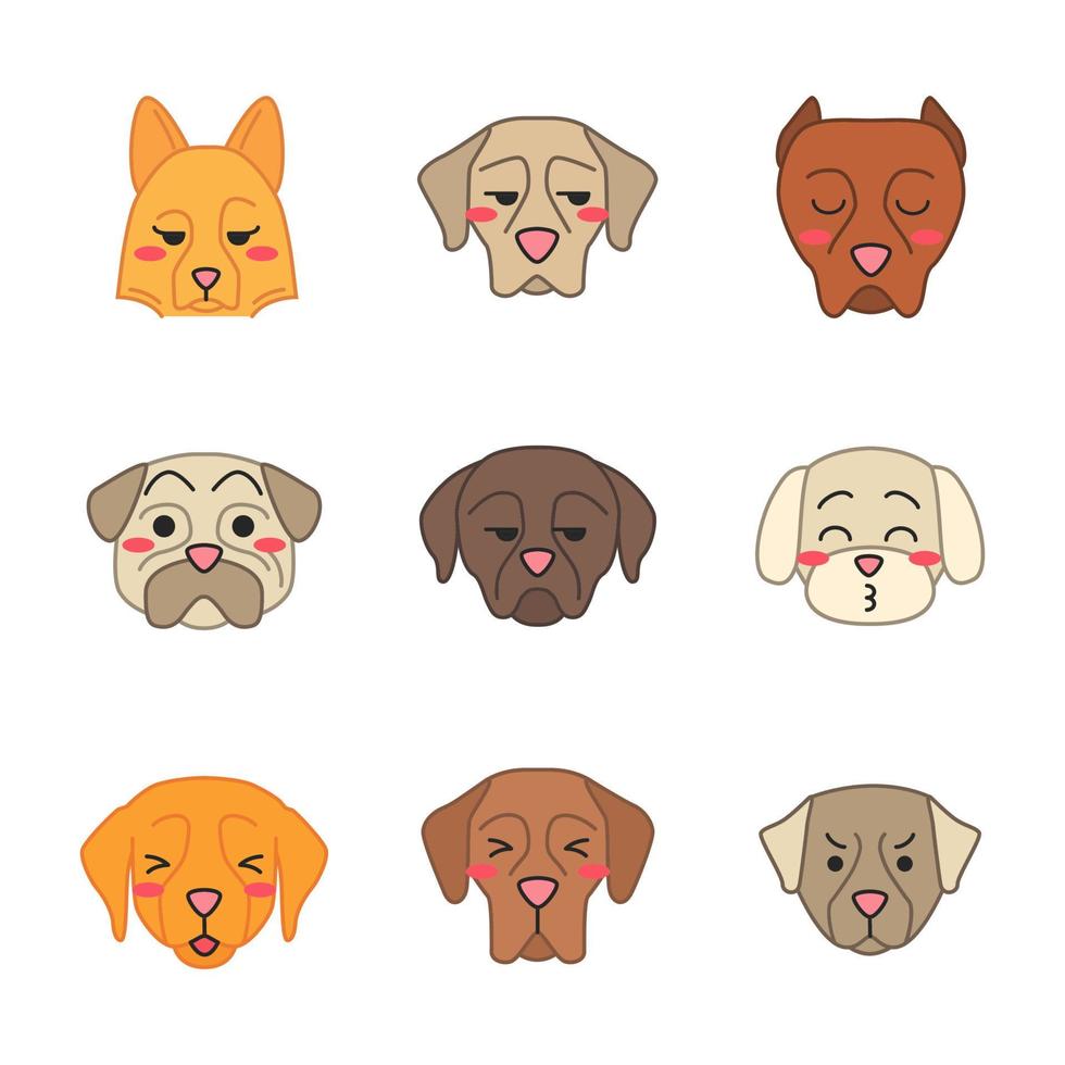 cães personagens de vetor kawaii fofos. animais com focinhos tristes. vesgo golden retriever, grande dinamarquês. cão bernês com raiva. beijando maltês. emoji engraçado, conjunto de emoticons. ilustração de cor de desenho animado isolada