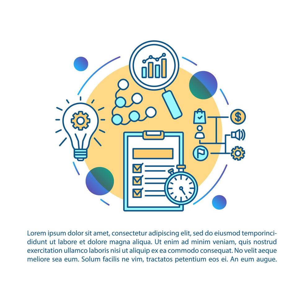 modelo de vetor de página de artigo de plano de negócios. gestão da estratégia. brochura, revista, elemento de design de livreto com ícones lineares e caixas de texto. design de impressão. ilustrações de conceito com espaço de texto