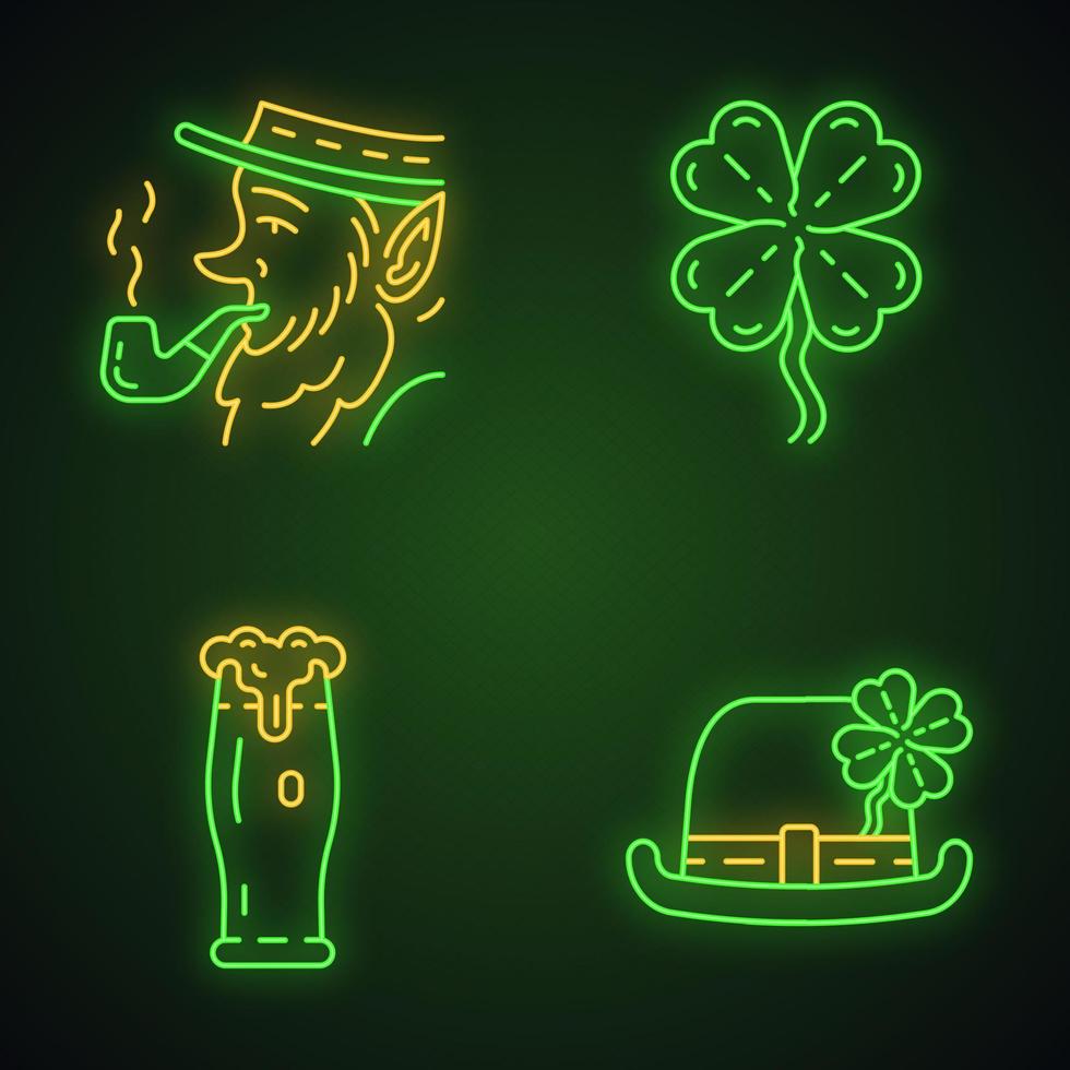 conjunto de ícones de luz neon do dia de são patrício. festa de s. patrício. chapéu-coco, duende com cachimbo, copo de cerveja, trevo de quatro folhas. sinais brilhantes. ilustrações vetoriais isoladas vetor