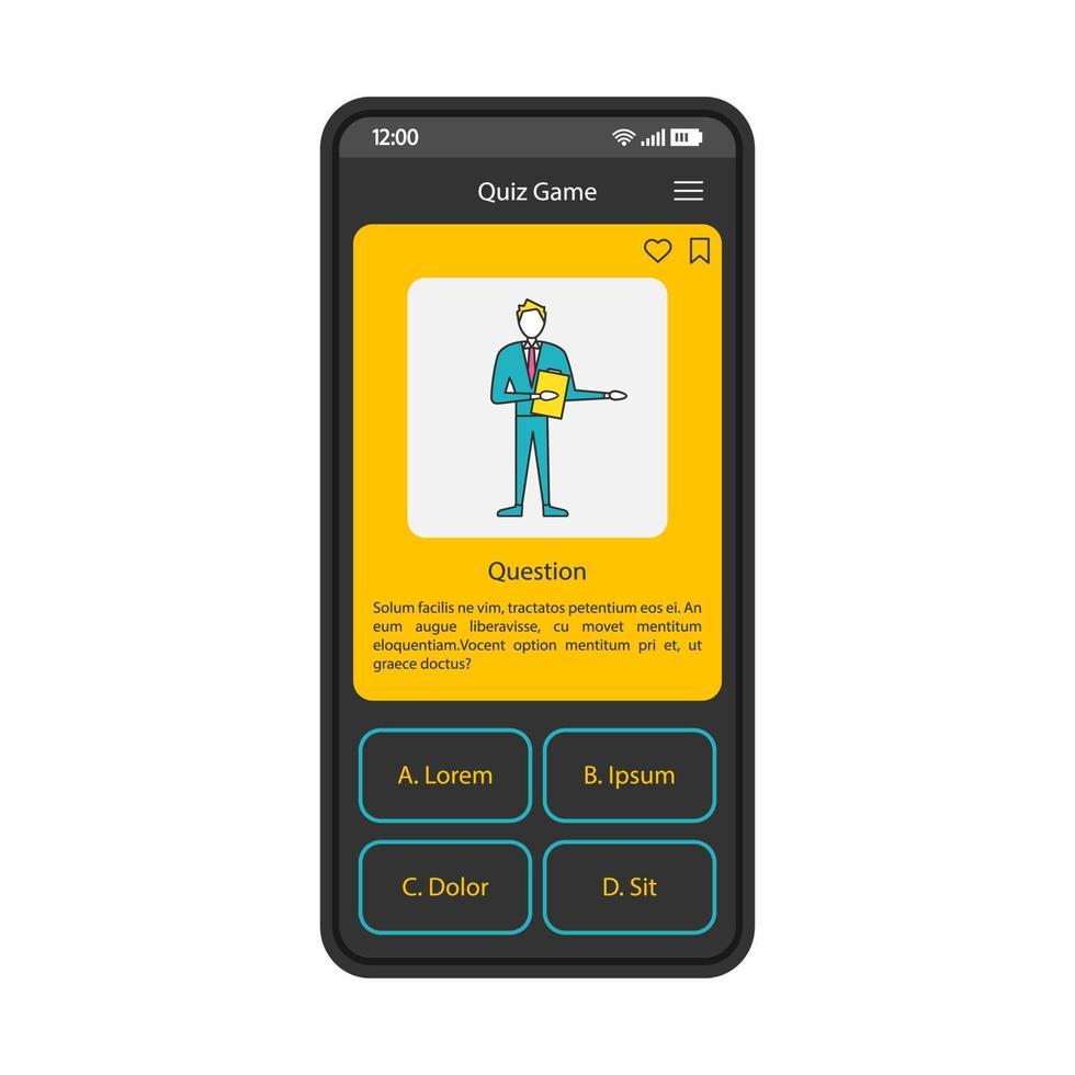 modelo de vetor de interface de smartphone de aplicativo de jogo de  perguntas e respostas. layout