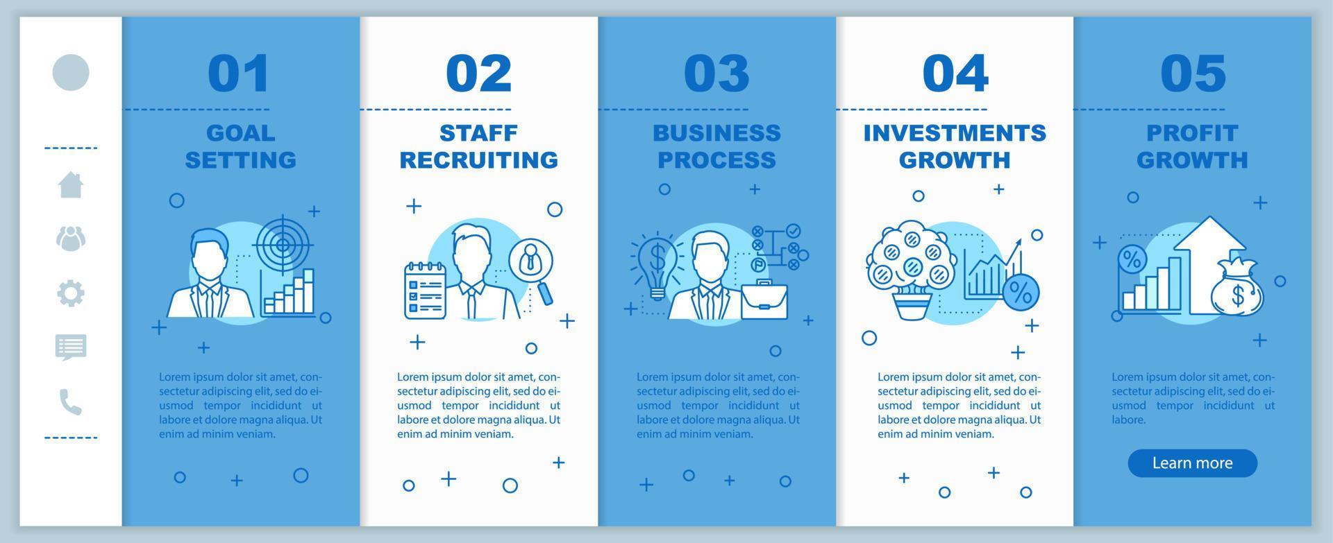 desenvolvimento de negócios onboarding modelo de vetor de tela de página de aplicativo móvel. definição de metas, recrutamento de pessoal, passo a passo de crescimento do lucro com ilustrações lineares. ux, ui, gui conceito de interface de smartphone