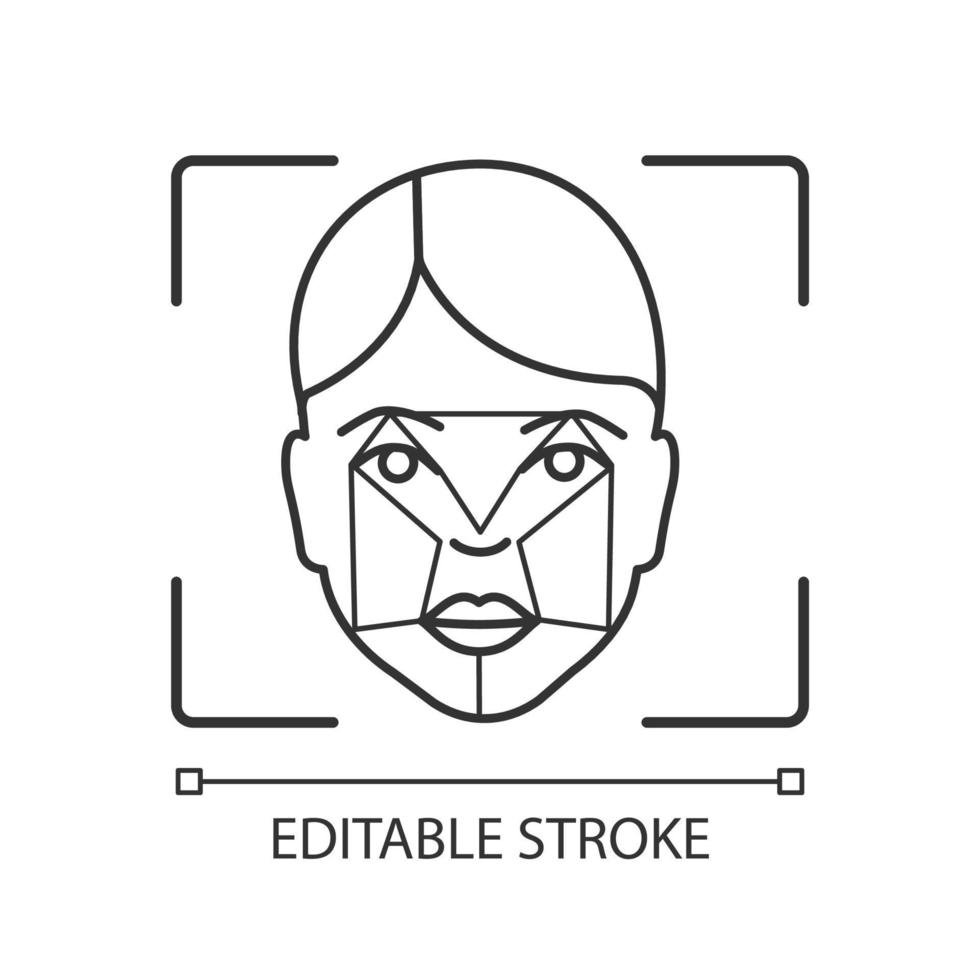 ícone linear de análise de faceprint. software de reconhecimento facial. verificação de identificação de rosto. ilustração de linha fina. identificação biométrica. símbolo de contorno. desenho de contorno isolado de vetor. traço editável vetor