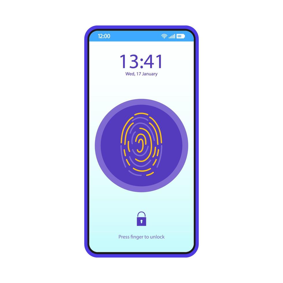 modelo de vetor de interface de smartphone de aplicativo de bloqueio de reconhecimento de impressão digital. layout de design azul da página móvel. tela de varredura do dedo. interface do usuário plana para aplicação. verificação de segurança biométrica. visor do telefone