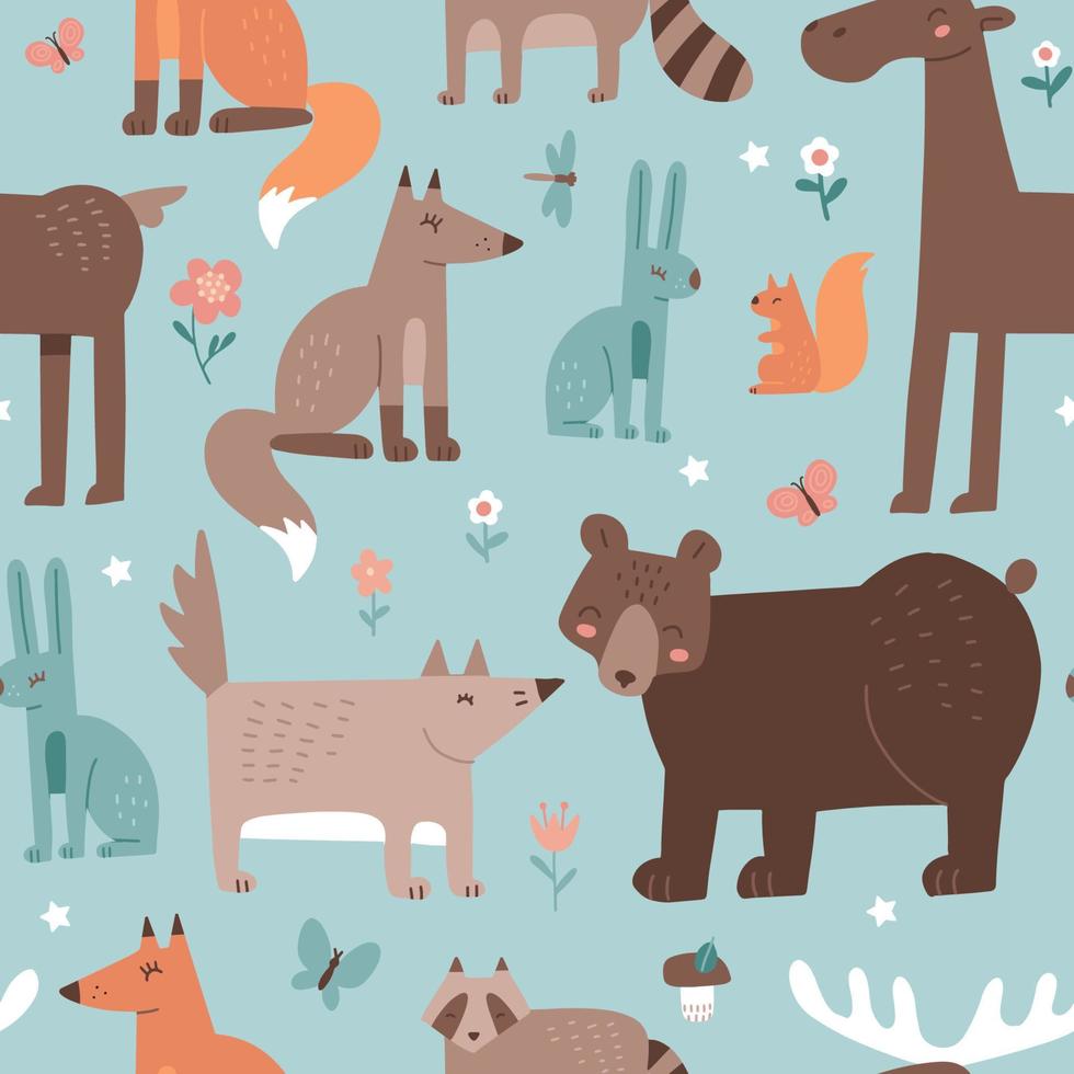 padrão perfeito de floresta com animais fofos - raposa, alce, urso, coelho, lobo e esquilo. ilustração vetorial plana mão desenhada em estilo escandinavo infantil. vetor