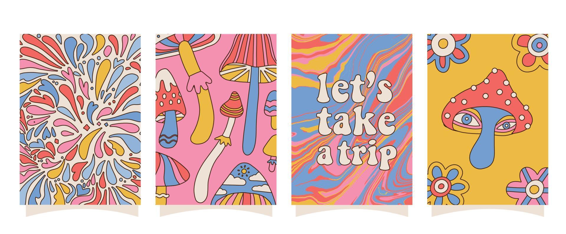 conjunto de pôsteres a4 psicodélicos legais retrô hipster. coleção de banners groovy dos anos 70 com cogumelos e fundos abstratos. desenho abstrato de ilustração vetorial de tendência com curso editável. vetor