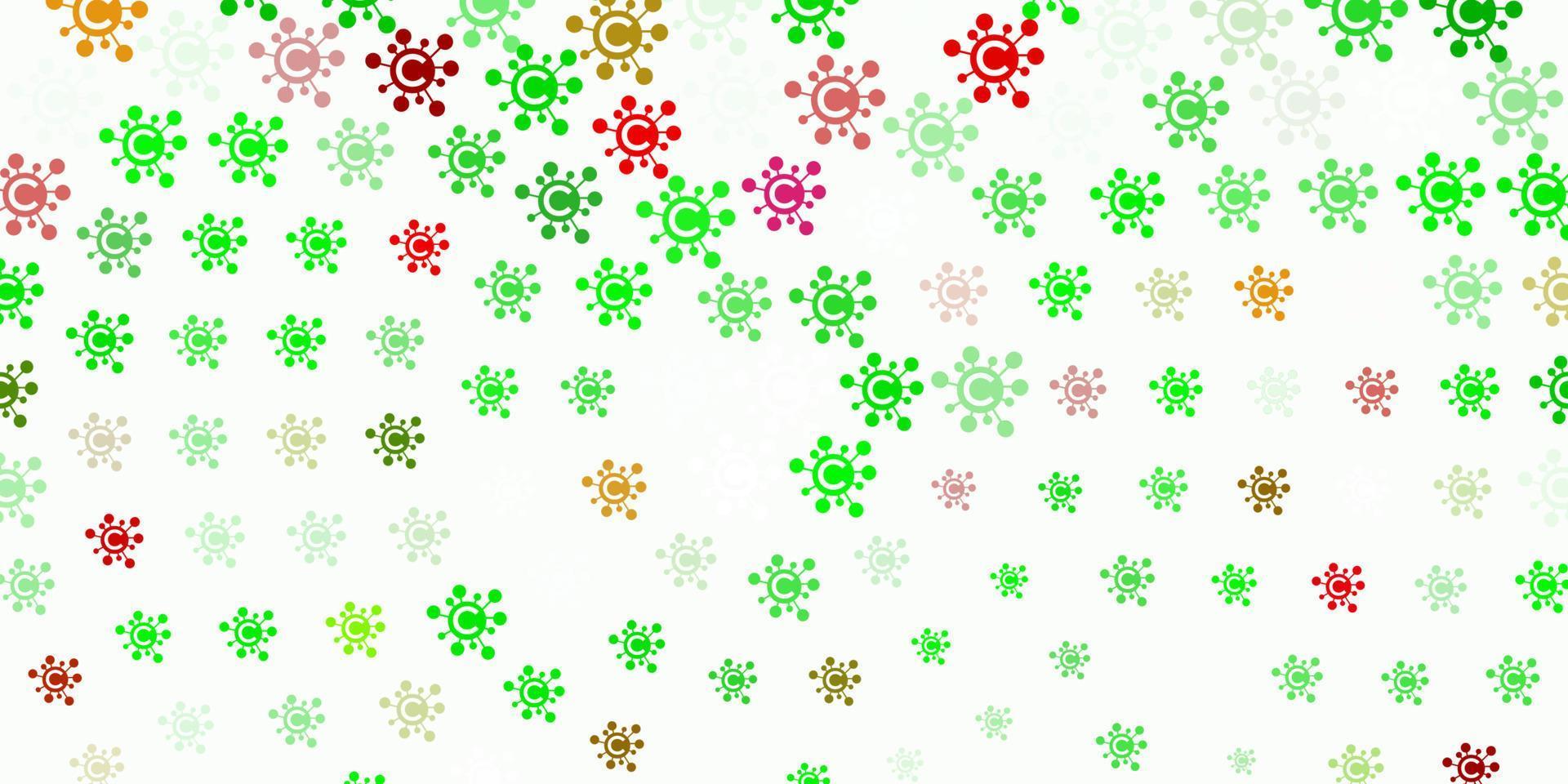 pano de fundo de vetor verde e vermelho claro com símbolos de vírus.