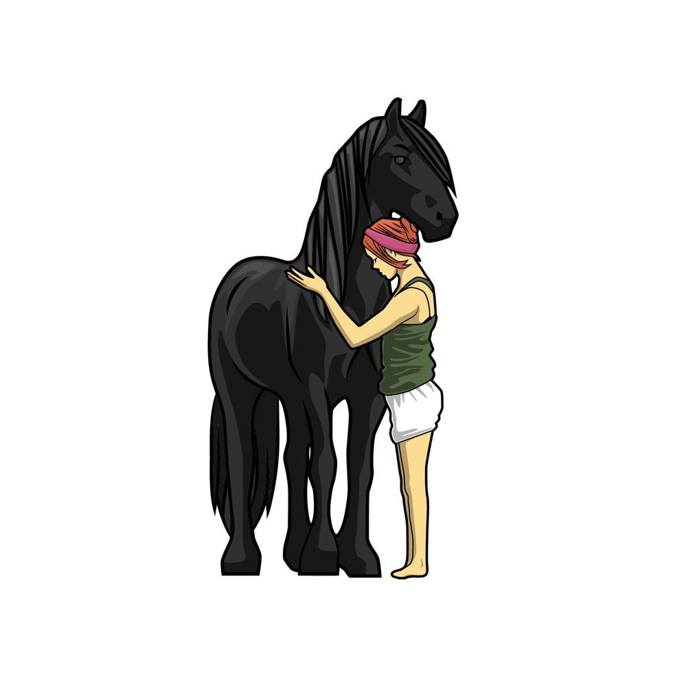 mulher acariciando um desenho de ilustração vetorial de cavalo preto vetor