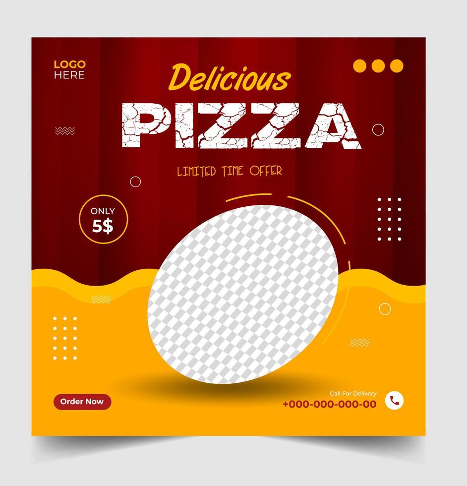 modelo de postagem de banner de mídia social de pizza. banner social de pizza, design de banner de pizza, modelo de mídia social de fast food para restaurante. design de banner de mídia social de pizza com cor amarela e vermelha. vetor