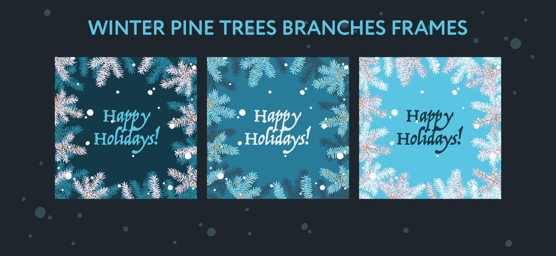 conjunto de quadros de férias de natal com texto de boas festas, vetor eps. conjunto de cartazes criativos mostrando galhos de pinheiros em fundos azuis.