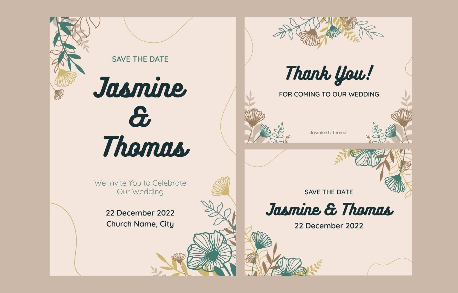 conjunto de design de convite ou cartão de casamento vetor