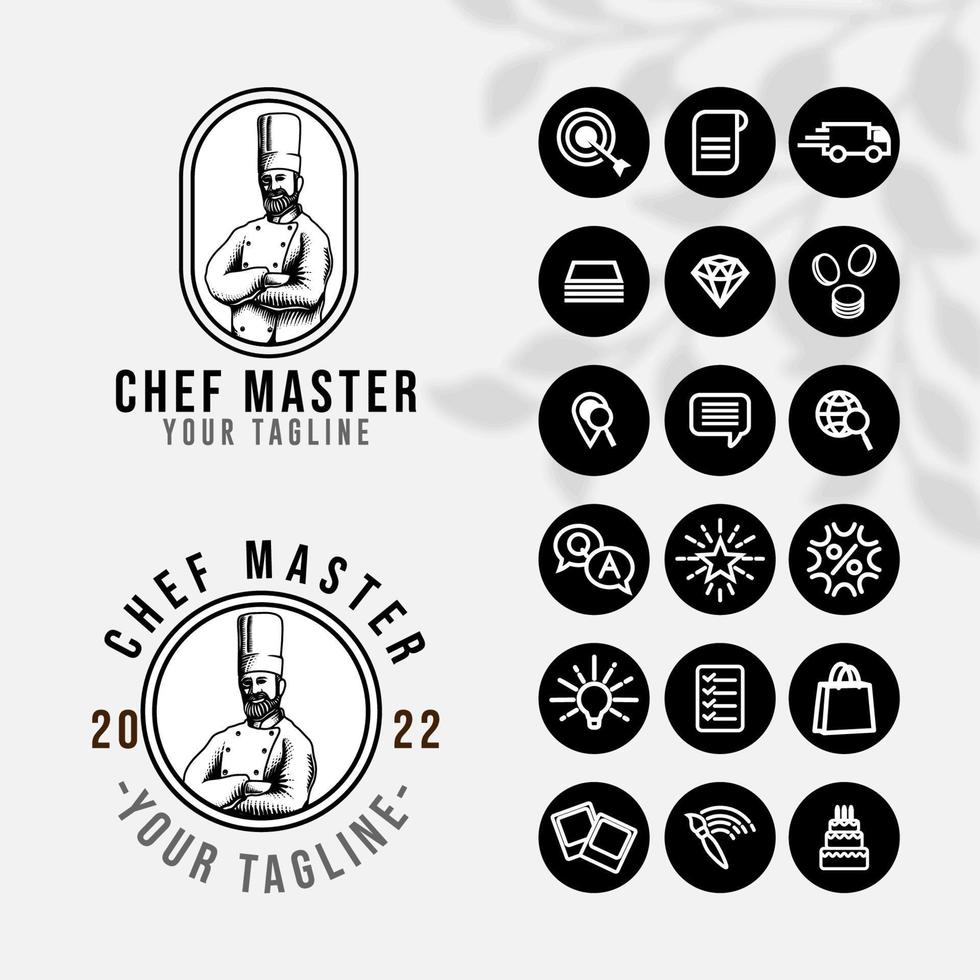 logotipo de cozinha chef para restaurante de comida e modelo de café com ícone vetor