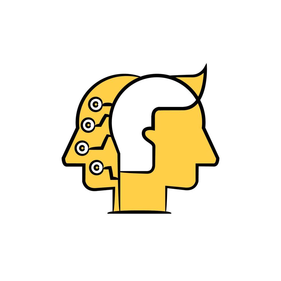 cabeça de robô e ilustração de tema de doodle amarelo de cabeça humana vetor