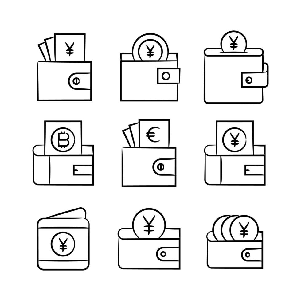 ícone de carteira e bolsa de bitcoin, yuan e euro desenhados à mão vetor