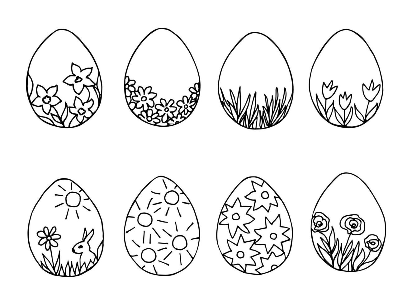 conjunto de contorno preto desenhado à mão para design de páscoa. grupo de ovos estampados em um fundo branco. celebração do domingo santo, a decoração de cartões postais, adesivos vetor